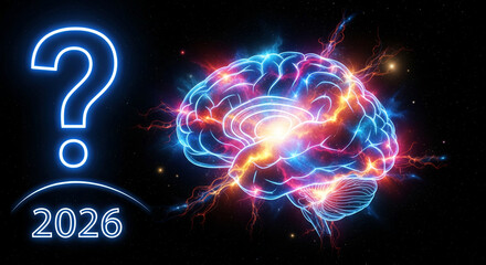Image with glowing brain and question mark over year 2026 against starry sky, showing intellect, curiosity, and future possibilities