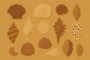Halftone Graphic of Various Seashells Neatly Arranged on a Sandy Beach Background