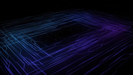 Perspective view of neon circuit board lines on dark surface with glowing blue and purple paths representing computer processing and advanced technological systems for motherboard hardware concept