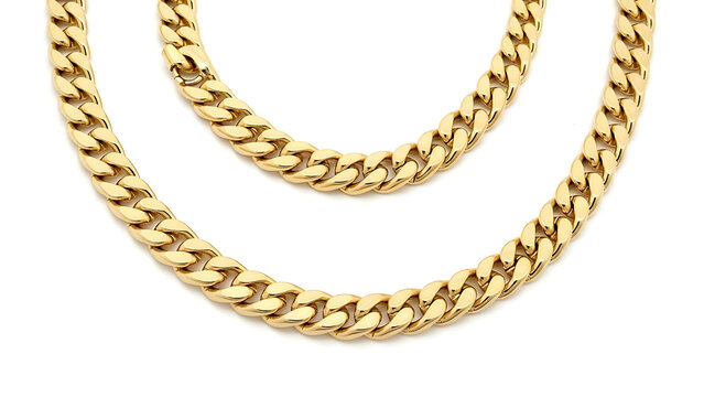 Set of Two 14k Yellow Gold Cuban Link Chain Necklaces. Luxury Solid Gold Heavy Curb Chain Jewelry for Men and Women Fashion Accessories. High Polish Gold Chains Isolated on White.