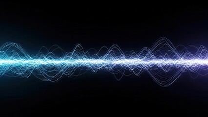 Dynamic sound wave visualization with glowing electric energy lines and frequency vibrations in blue and violet tones over dark background representing audio spectrum music technology and rhythm