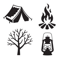 Winter camping adventure icon set for cold outdoor travel
