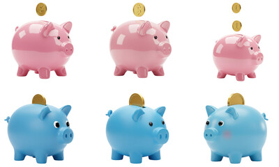 Blue and Pink Piggy Bank Coins Set Transparent Background  
