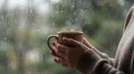 Sipping comforting hot beverage cozy indoor setting lifestyle imagery rainy day view tranquility concept
