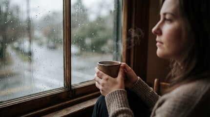 Reflective woman sipping coffee by rainy window cozy home portrait indoor introspection
