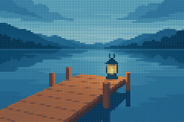 Serene Halftone Illustration of a Wooden Dock Over Calm Lake Water with a Glowing Lantern