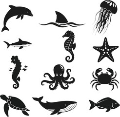 Fototapeta premium Create a Sea life silhouette icons set – marine, ocean, aquatic creatures symbols with vector illustration