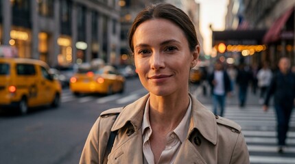 Urban lifestyle portraits woman in trench coat new york city street photography evening ambience front view confidence concept