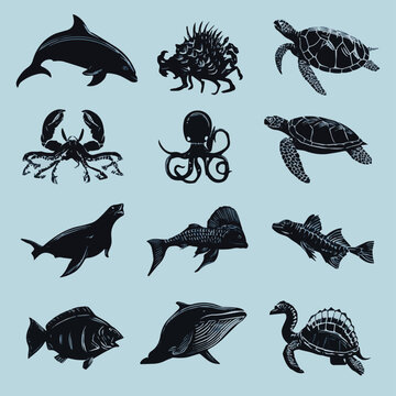 Create a Sea life silhouette icons set – marine, ocean, aquatic creatures symbols with vector illustration