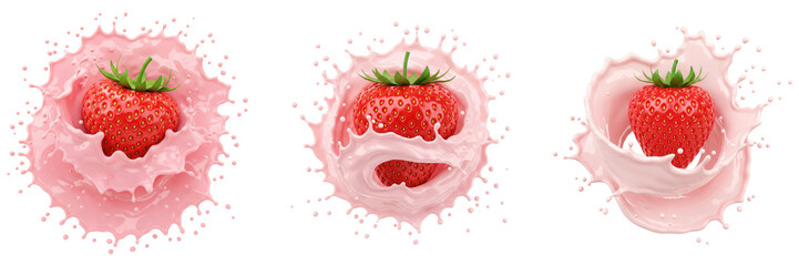 Strawberry Yogurt Splash Set Transparent Background  
