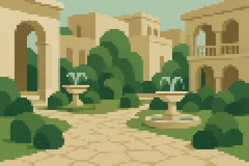 Pixel Art Style Garden Illustration with Stone Paths Fountains and Trimmed Green Bushes