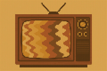 Retro Halftone Illustration of a Wood Framed Television with Abstract Static on the Screen
