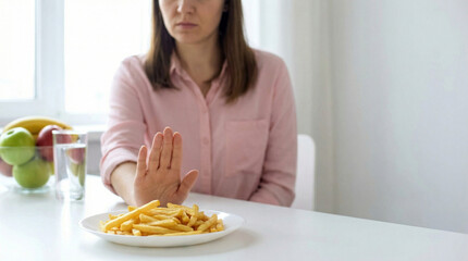 Young woman rejecting plate of fries while sitting at a table indoors  
