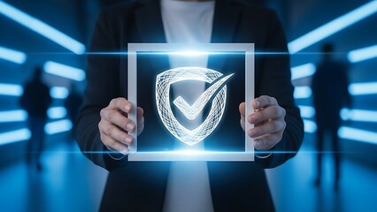 Businessman presenting secure technology with glowing shield and checkmark