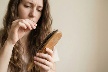 Woman examining hair strands in wooden hairbrush at home  