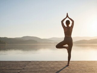 Woman practicing yoga tree pose on lakeside dock at sunrise