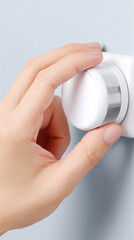 Close-up of a hand turning a white dial on a wall, adjusting home settings. Minimal clean background with copy space, concept of control, smart living, and daily comfort.
