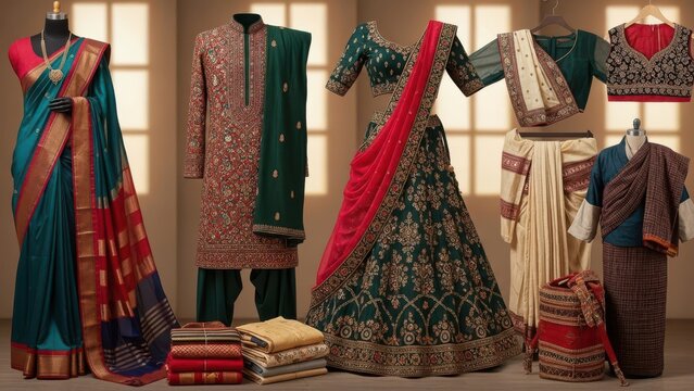 Traditional Indian ethnic wear with sarees and lehengas