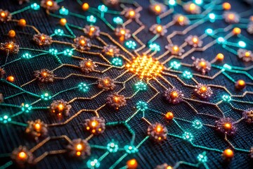 Colorful embroidered network with luminous nodes and lines on textile surface, representing data exchange, complex systems, digital communication and innovation