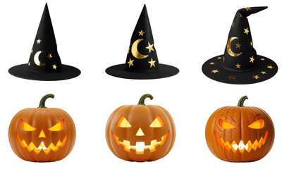 Scary carved pumpkins with witch hat collection, transparent background  
