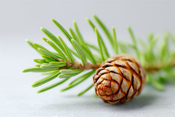 Macro of small pine cone on green fir sprig over white background, natural evergreen detail conveying winter, holiday season, ecology, and minimalist copy space.