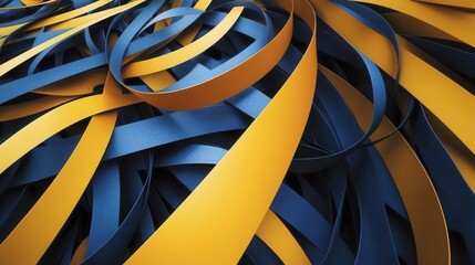 Curved ribbons create abstract shapes in blue and yellow colors showcasing a blend of twisting forms and layered designs in dynamic arrangement