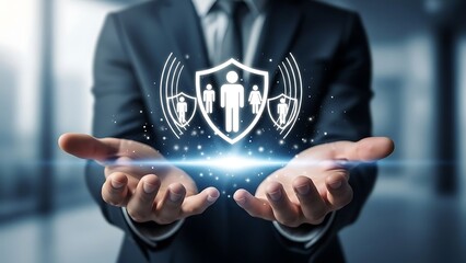 Businessman presenting protection and security for family and business