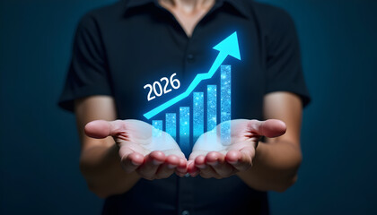 Business growth concept with glowing financial graph and arrow showing transition from 2025 to 2026