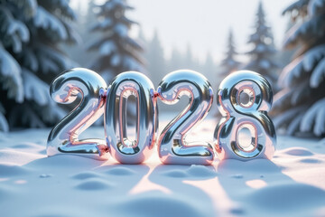 Numbers 2028 made of silver balloons on a forest background.