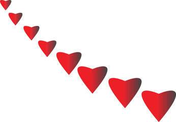 Repeating red heart shapes forming a diagonal line, romantic vector illustration for design.