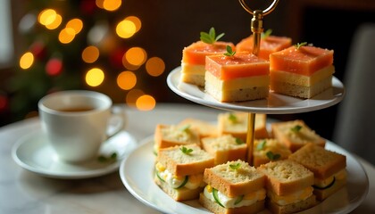 Festive Afternoon Tea &ndash; Elegant Two-Tier Sandwich Tray with Holiday Ambiance and Celebratory Atmosphere