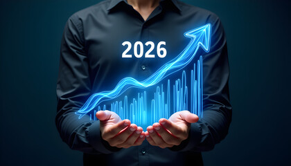 Business growth concept with glowing financial graph and arrow showing transition from 2025 to 2026