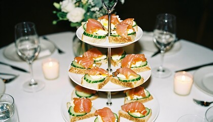 Festive Afternoon Tea &ndash; Elegant Two-Tier Sandwich Tray with Holiday Ambiance and Celebratory Atmosphere
