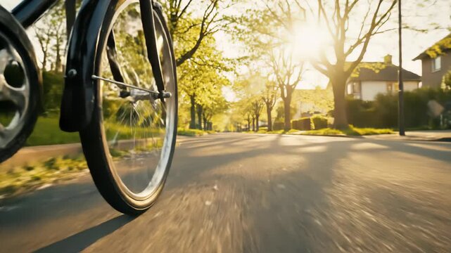 Perspective shot of a bicycle wheel rolling down a residential street bathed in the warm, golden light of late afternoon or early morning. Lush green trees line the path, casting long shadows.