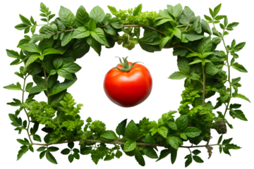 Fresh Tomato Surrounded by Green Leaves Wreath Nature Still Life