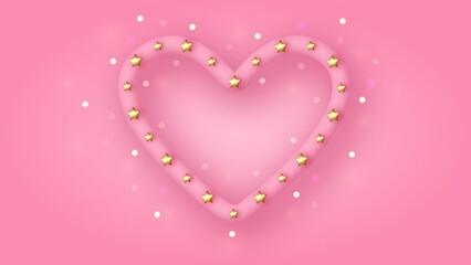 Pink heart with gold stars and bokeh. Valentine's day background