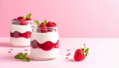 Berry parfait Valentine style, glass jar, pastel backdrop, minimal composition