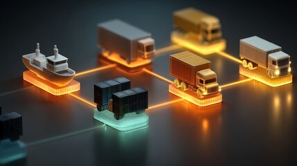 Logistics operations in shipbuilding and truck transport a neon icon showcase