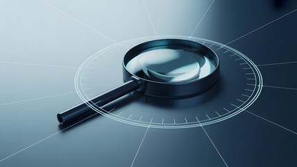 Digital magnifying glass interface on a dark surface symbolizing search and analysis
