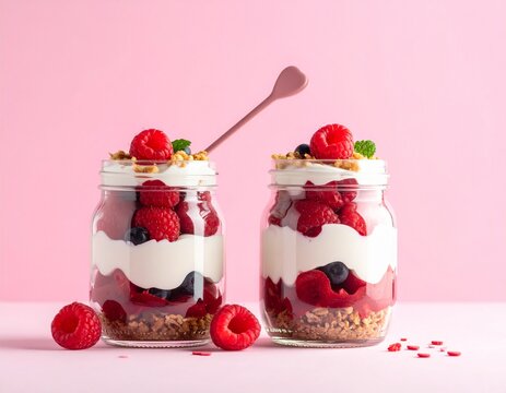 Berry parfait Valentine style, glass jar, pastel backdrop, minimal composition