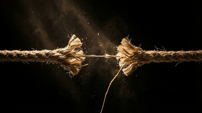 Dramatic macro photography of a thick rope fraying and snapping under extreme tension against a dark background. Concept of reaching the breaking point and stress.