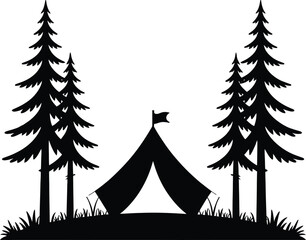 Camping Tent in Pine Forest Silhouette