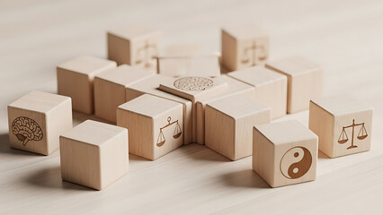 A collection of wooden blocks with various symbols on them