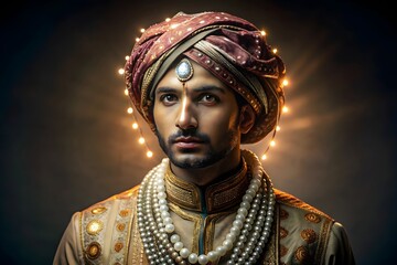 Elegant portrait of man wearing traditional ceremonial clothing with turban and jewelry, studio lighting, cultural fashion, heritage style, refined male portrait