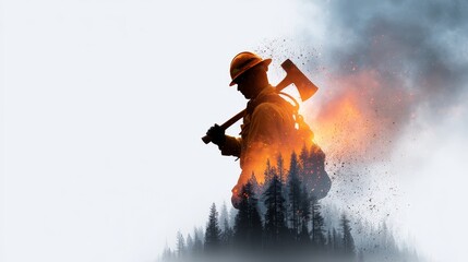 Wildland firefighter battling smoldering forest ash and embers dramatic double exposure image
