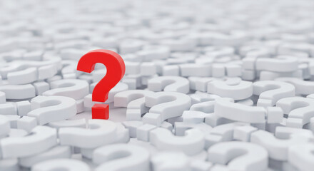 Image with a red question mark among white question marks, representing query, doubt, ambiguity, or problem solving, perfect for knowledge concepts