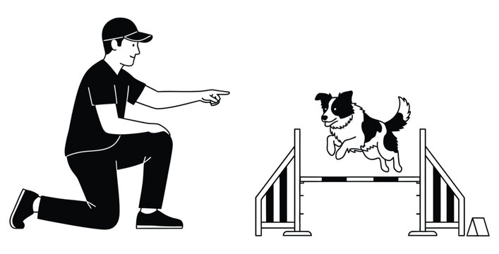 Trainer kneeling and pointing while energetic border collie dog successfully jumps over a hurdle during a demanding dog agility competition training session outdoors.