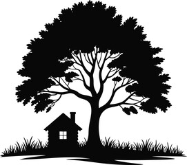 Cabin Under Large Tree Silhouette
