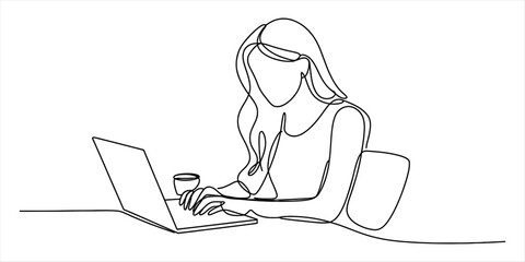Continuous line drawing of a woman working remotely on a laptop with a coffee cup Vector, illustration © Pabon Art Gallery