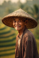 Portrait of Elderly Asian Rice Farmer with Conical Hat in Golden Hour, Authentic Smile